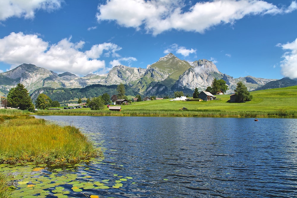 a body of water surrounded by mountains and grass