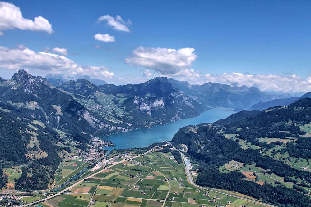 a scenic view of a lake and mountains