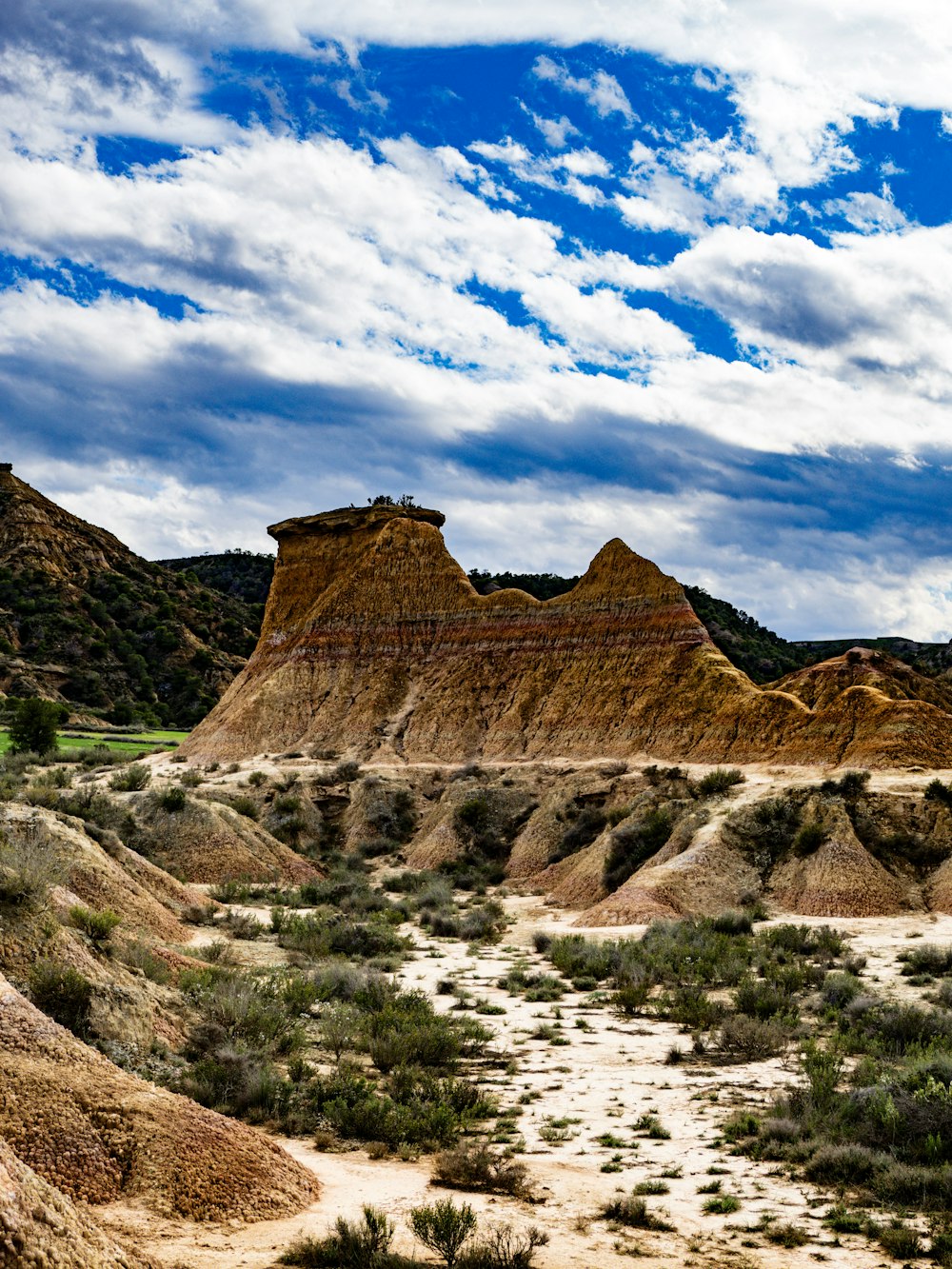 a dirt field with a mountain in the background