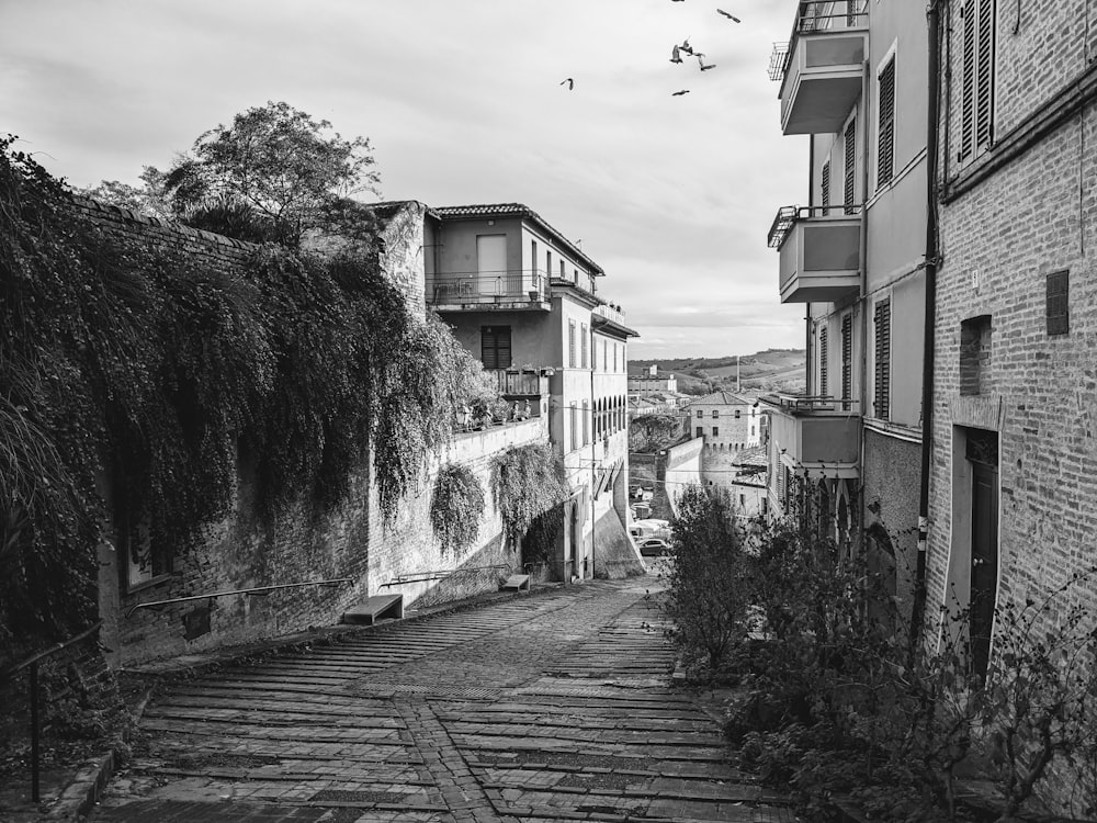 uma foto em preto e branco de uma rua estreita