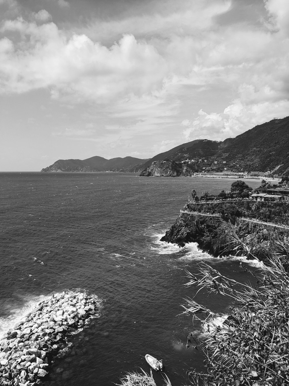 a black and white photo of a body of water