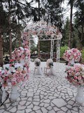 a wedding set up in the middle of a park