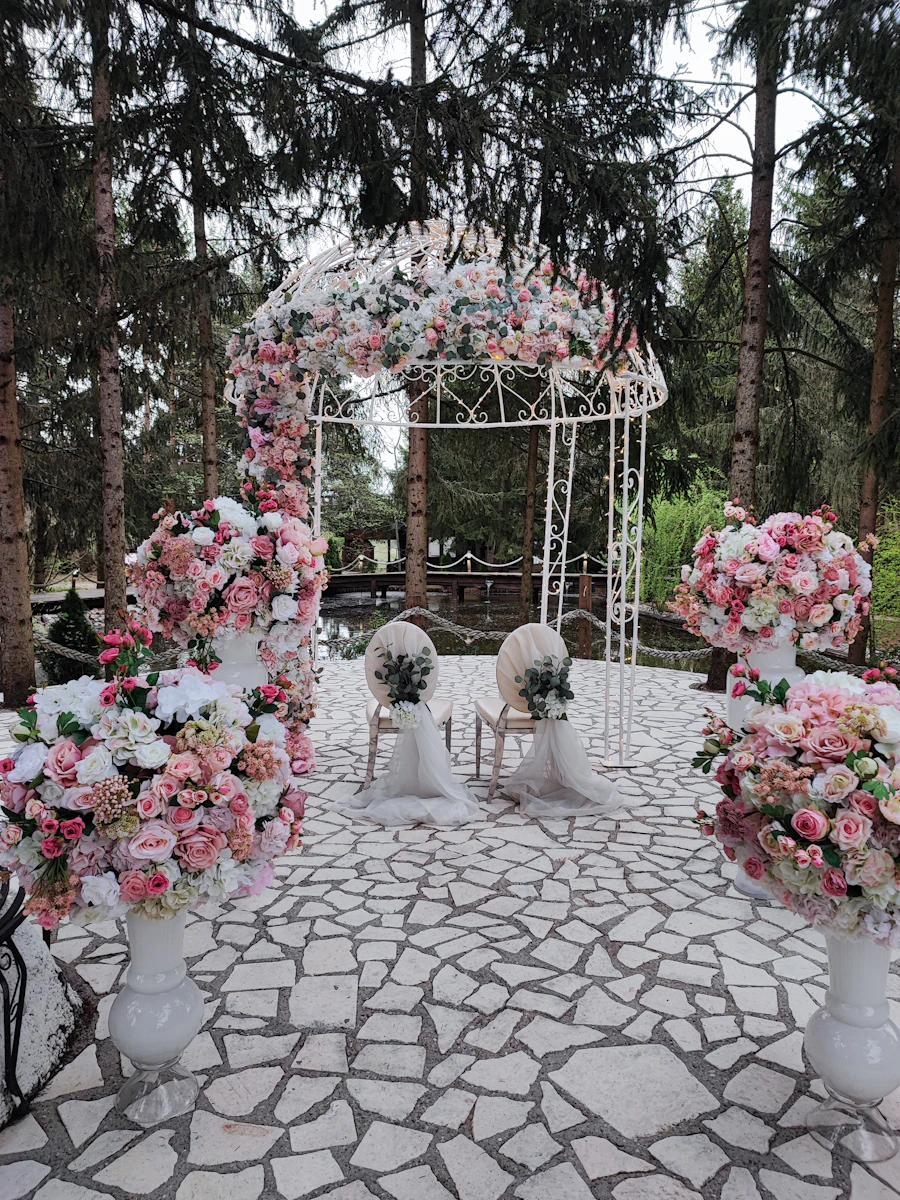 Outdoor wedding ceremony set up on a green lawn