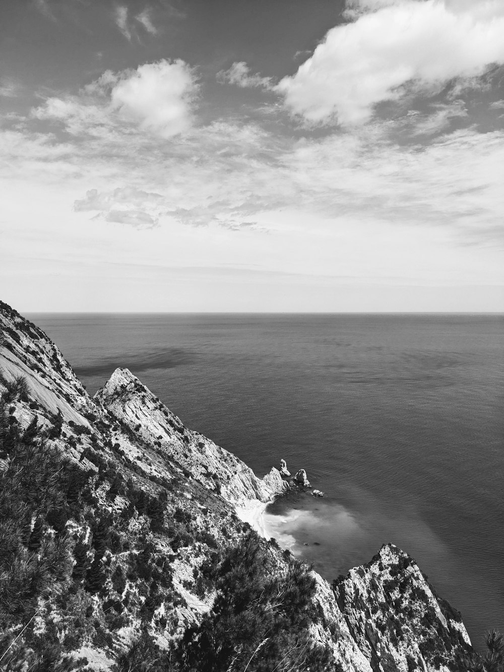 a black and white photo of a cliff overlooking the ocean