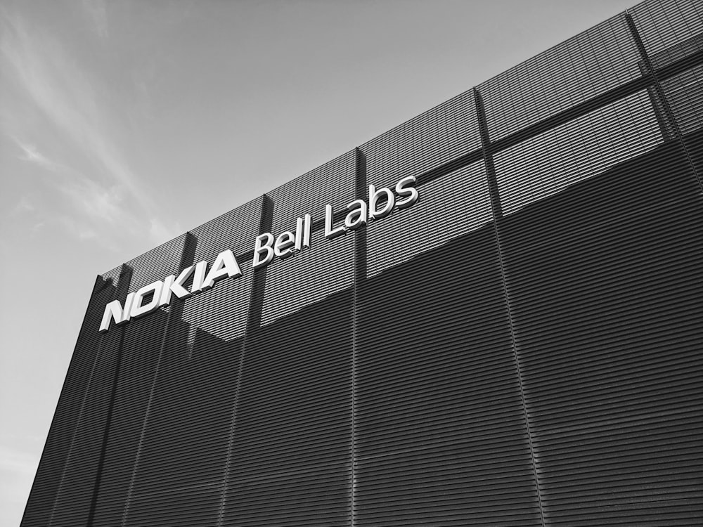 a black and white photo of a nokia building
