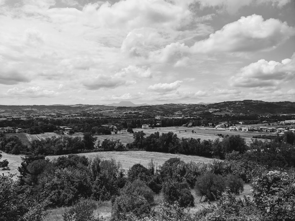 uma foto em preto e branco de uma paisagem rural