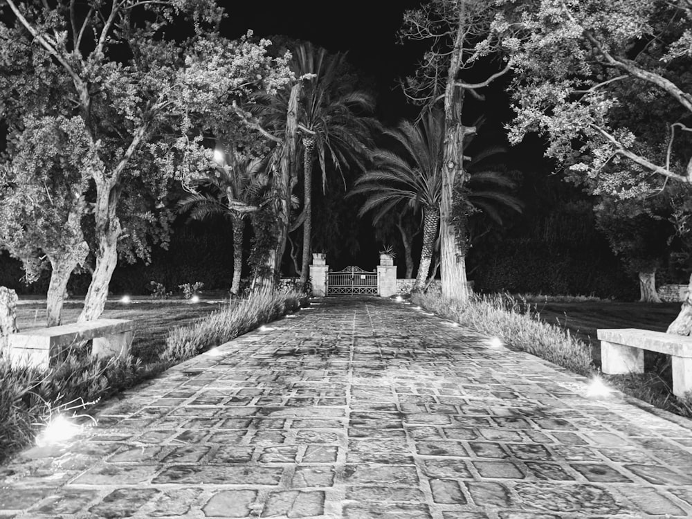 uma foto em preto e branco de uma passarela à noite