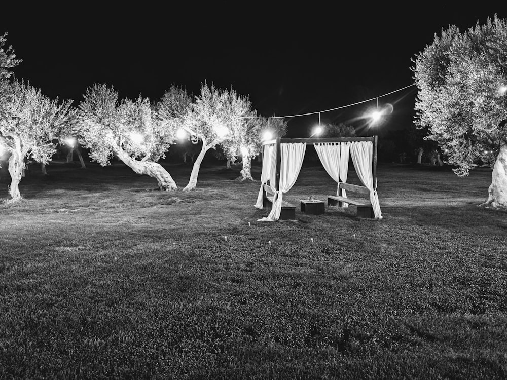 uma foto em preto e branco de um casamento ao ar livre