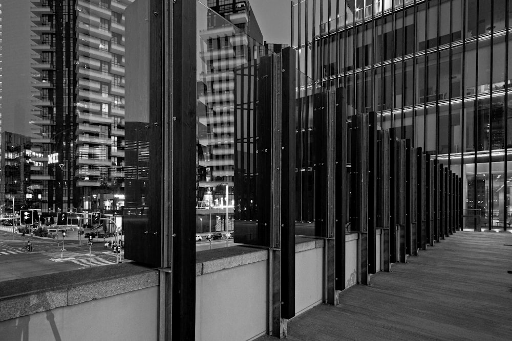 a black and white photo of a city at night