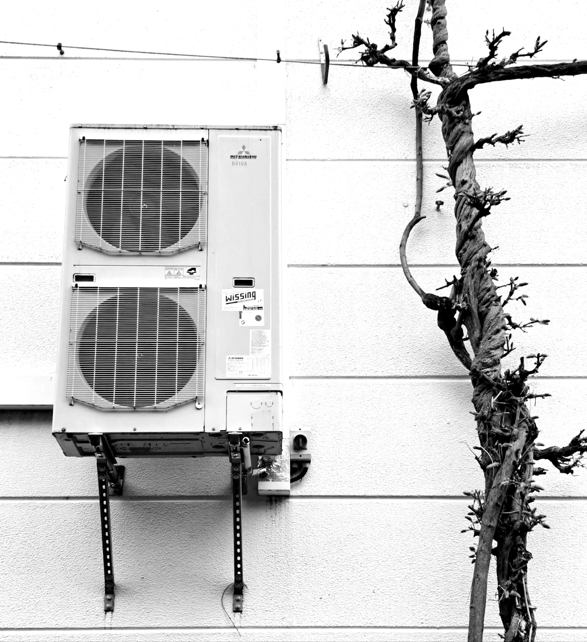 Black-and-white photo of a stacked twin outdoor unit beside a bare tree