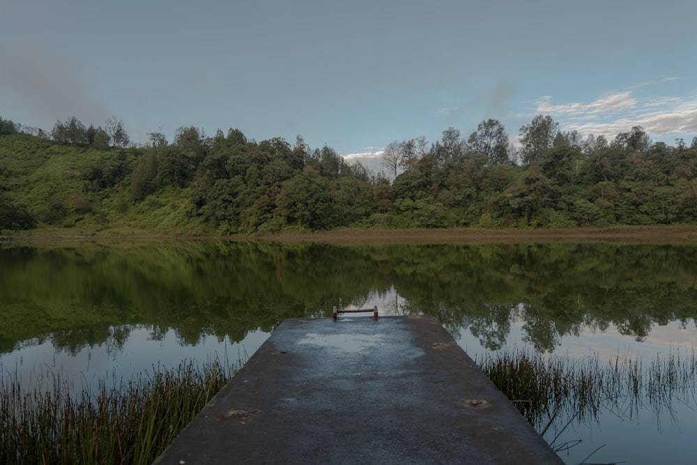 a dock sitting on top of a lake next to a forest