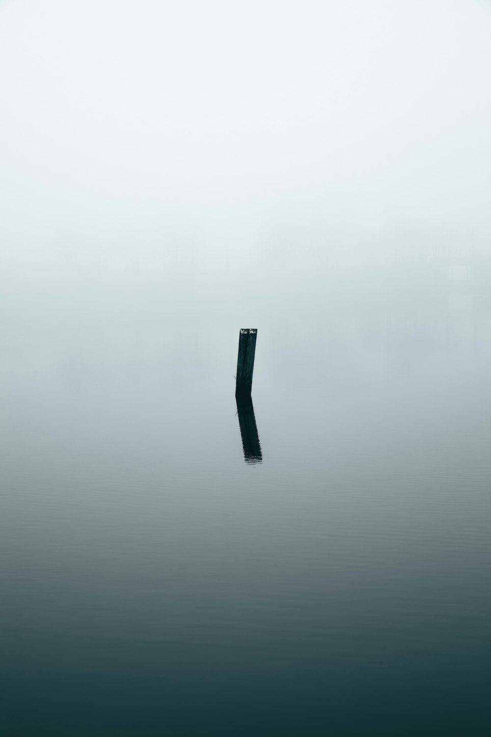 a black object floating in the water on a foggy day