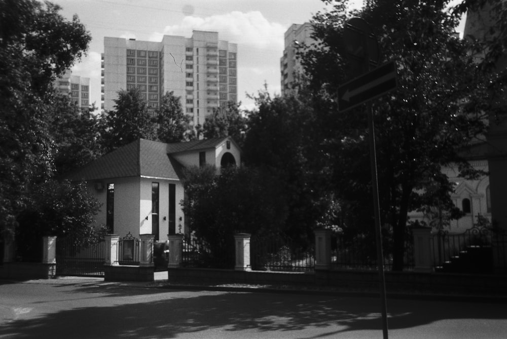 a black and white photo of a neighborhood