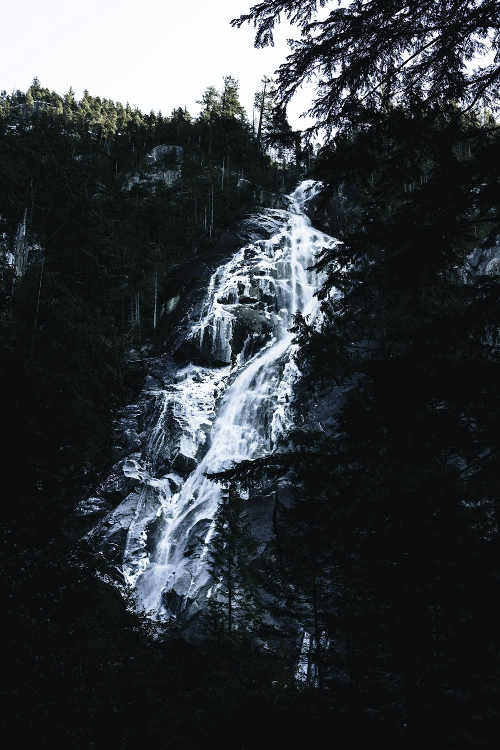 a very tall waterfall in the middle of a forest