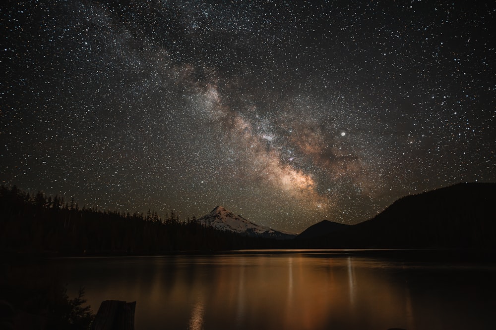 Le ciel nocturne est rempli d’étoiles au-dessus d’un lac
