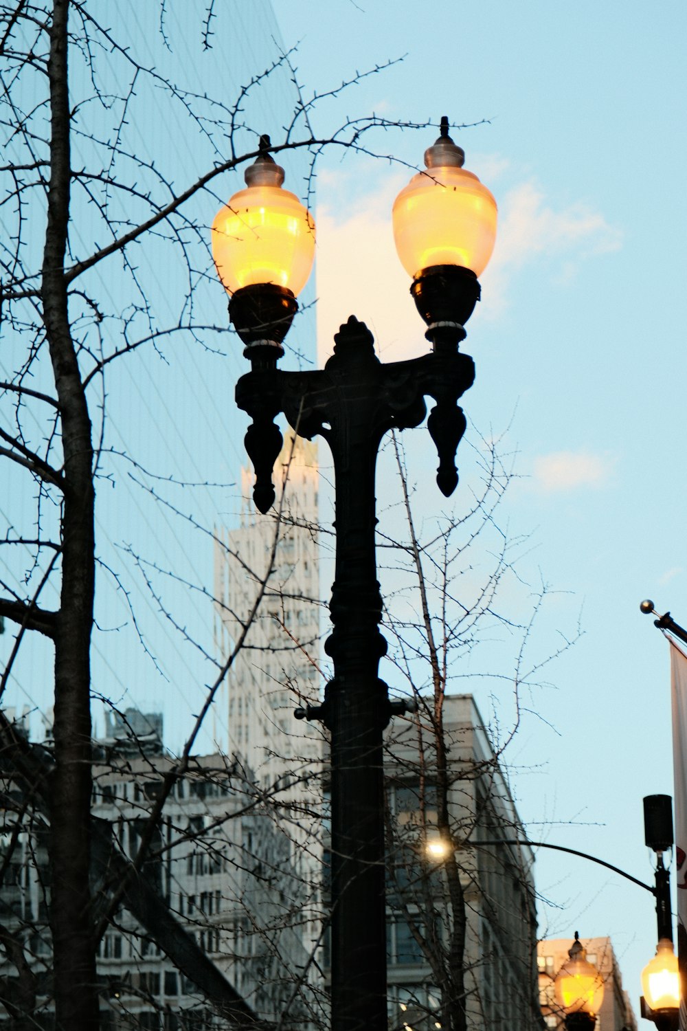 a street light with a building in the background