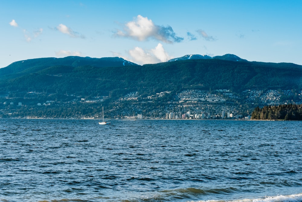 a boat is out on the water in front of a mountain