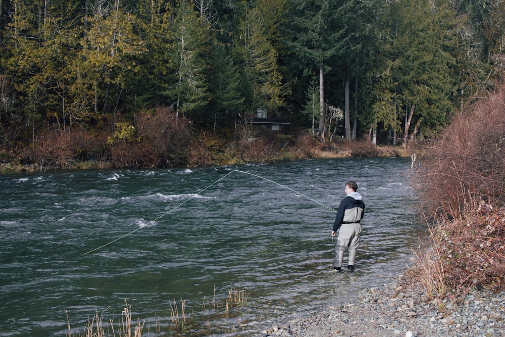 a man standing in a river while holding a fishing line