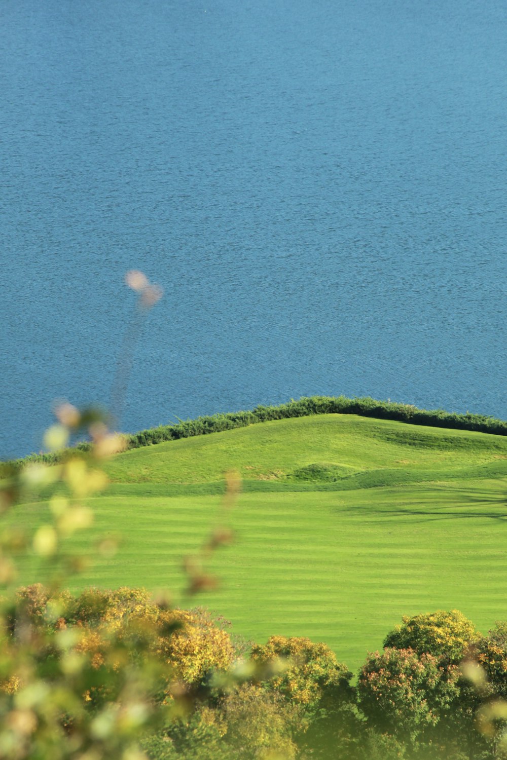 a view of a golf course with water in the background