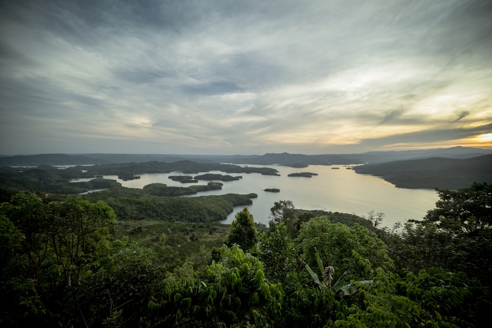 a view of a lake surrounded by trees