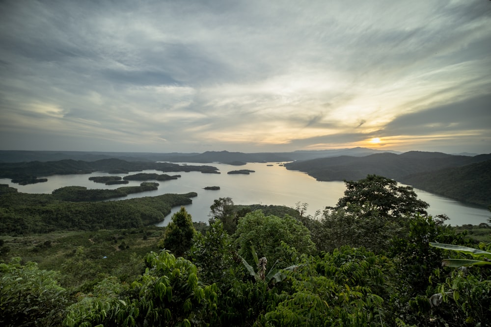 a view of a lake surrounded by trees