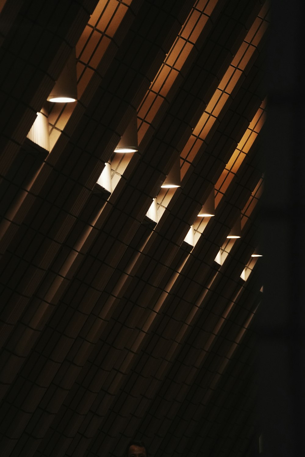 a person standing under a ceiling with lights on it