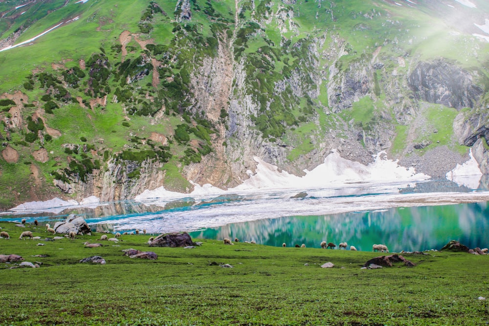 a mountain with a lake in the middle of it