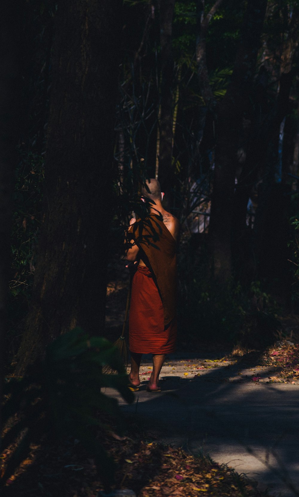 a monk walking down a path in the woods