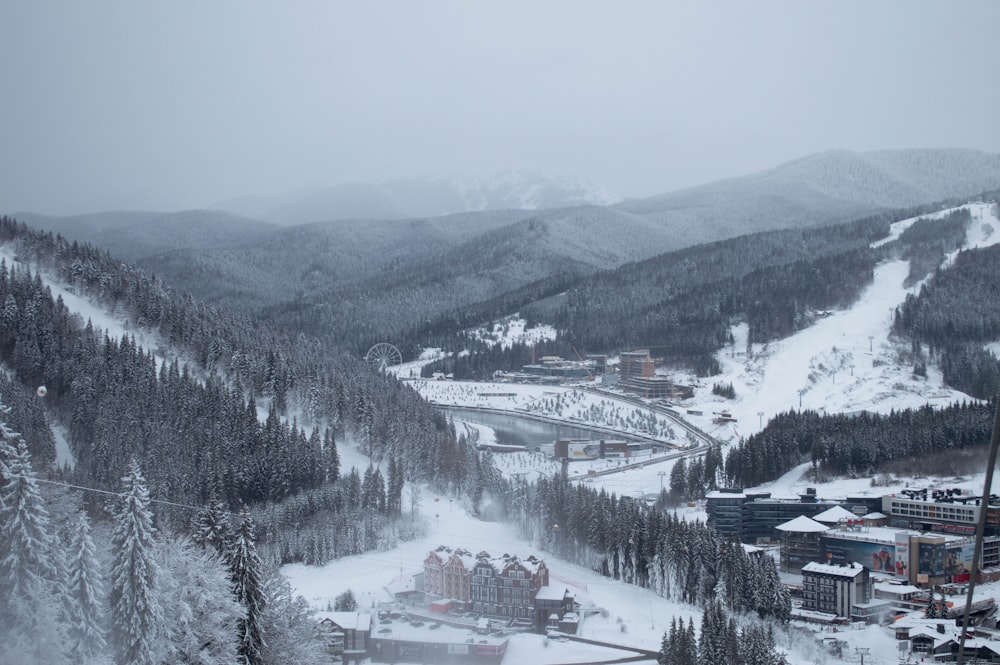 a view of a ski resort in the mountains