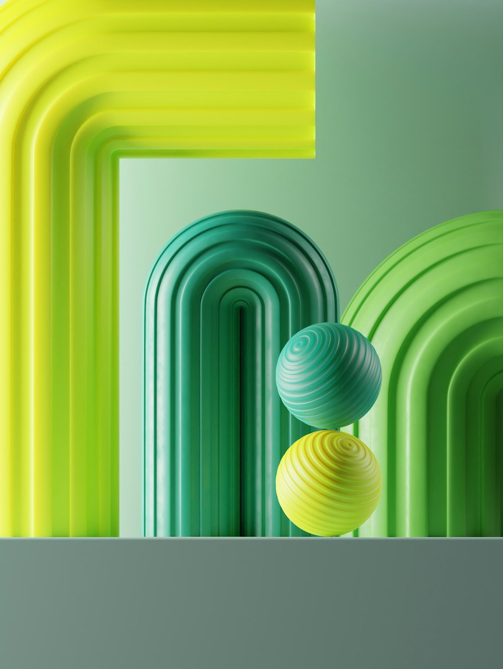 a group of green and yellow objects in a room