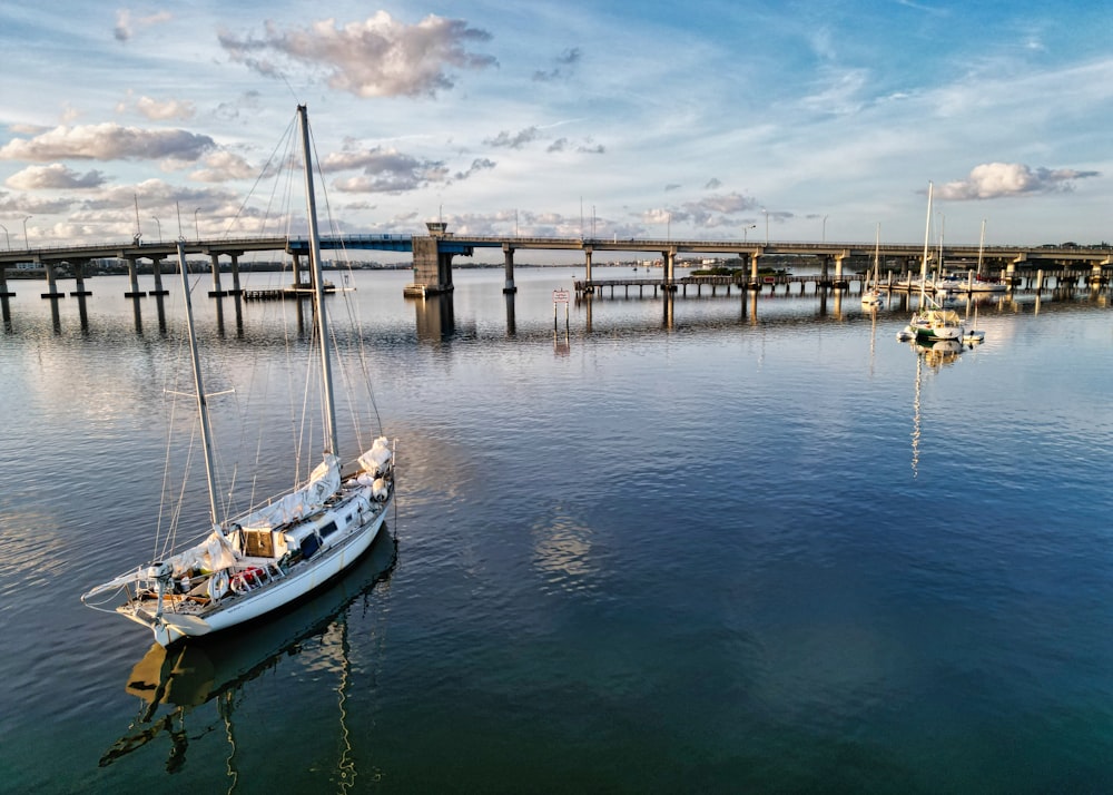 a sailboat in the water with a bridge in the background