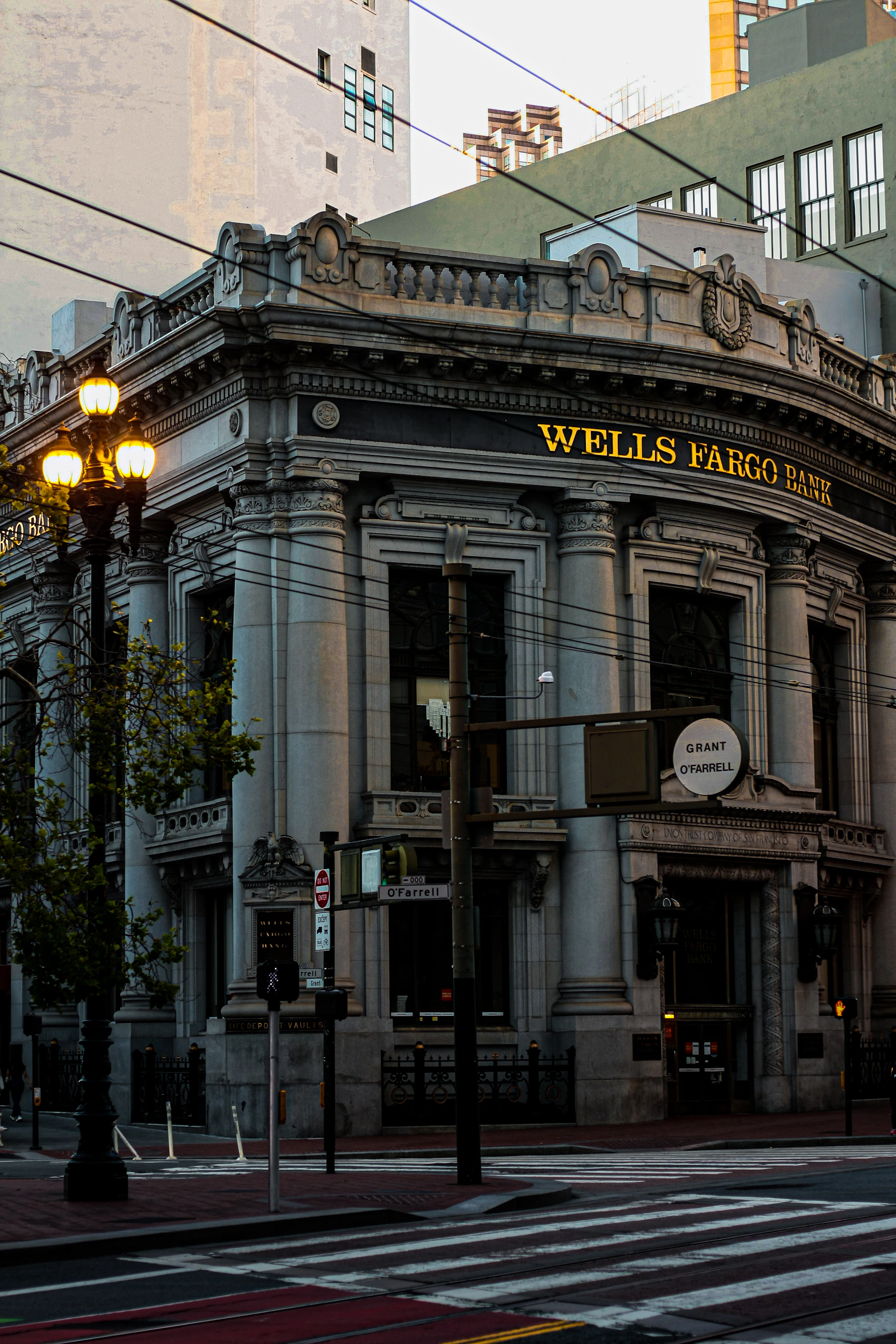 Historic bank building entrance with neoclassical columns