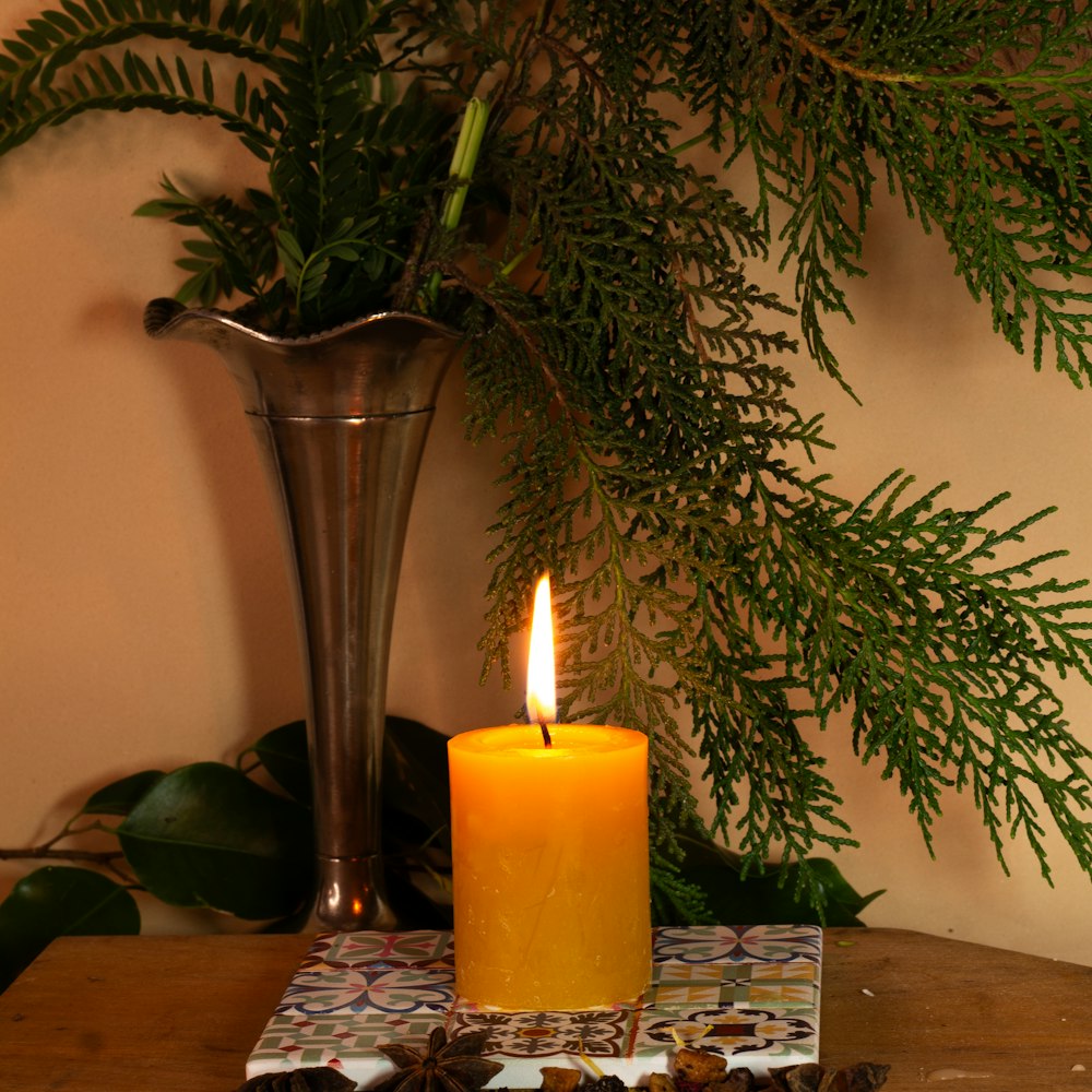 a lit candle sitting on a table next to a potted plant
