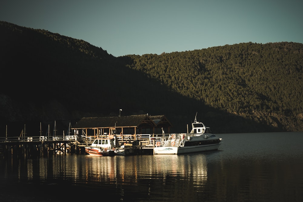 a group of boats are docked at a pier