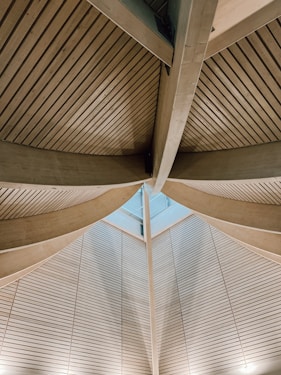 The ceiling of a large building with a skylight