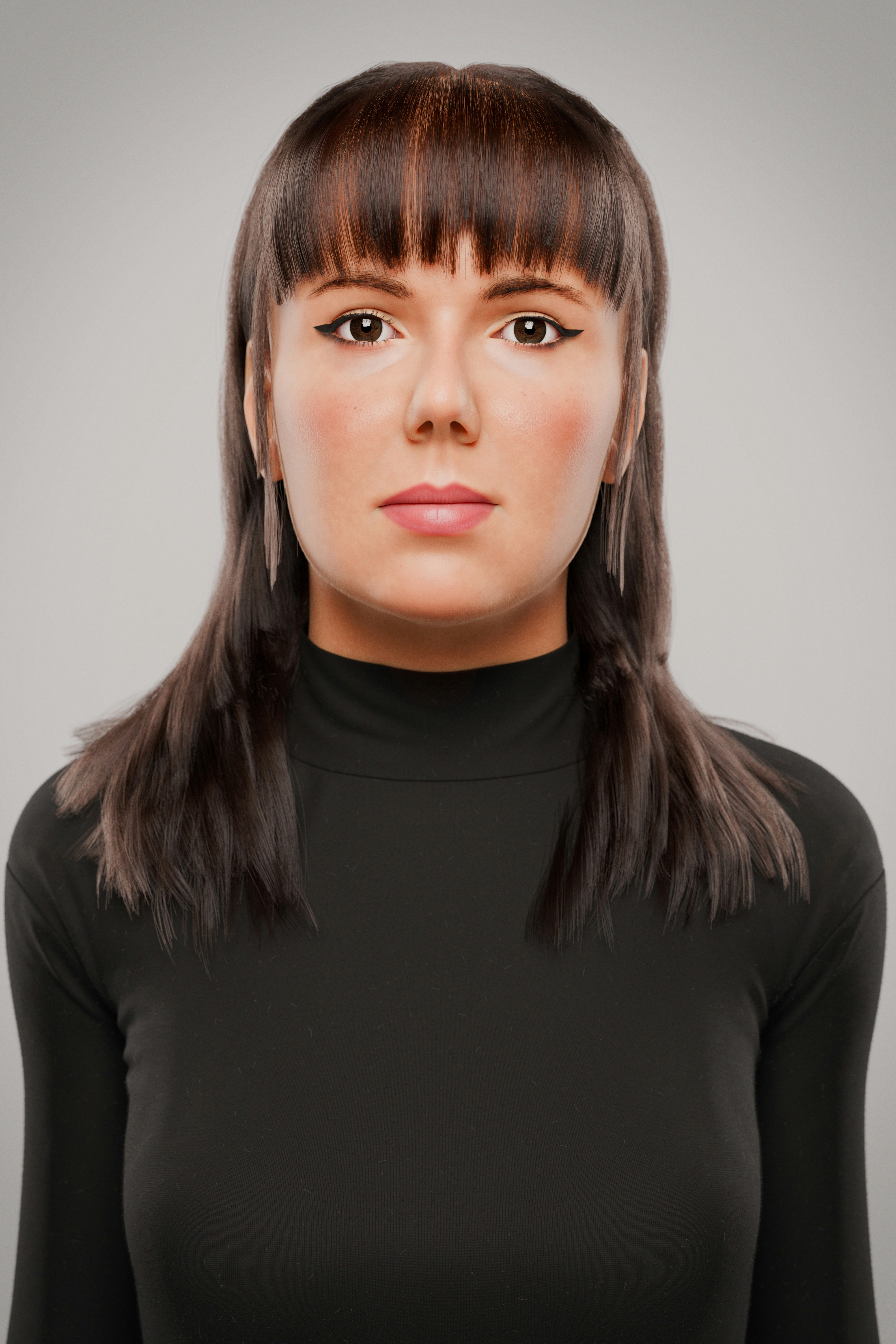 검은색 상의를 입은 여성이 사진을 찍기 위해 포즈를 취하고 있다