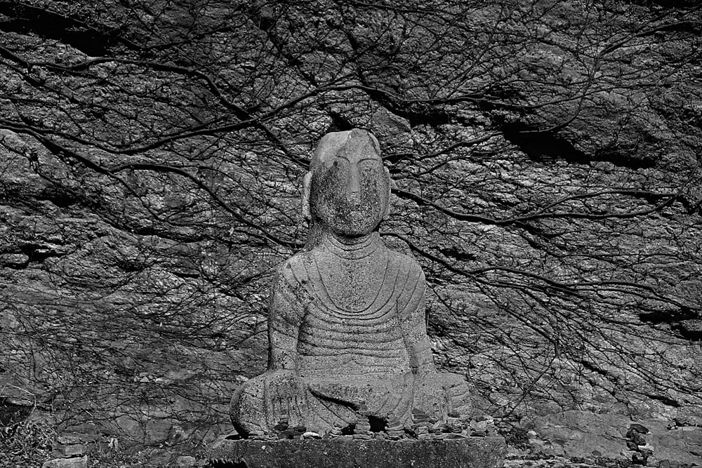 a buddha statue sitting in front of a tree