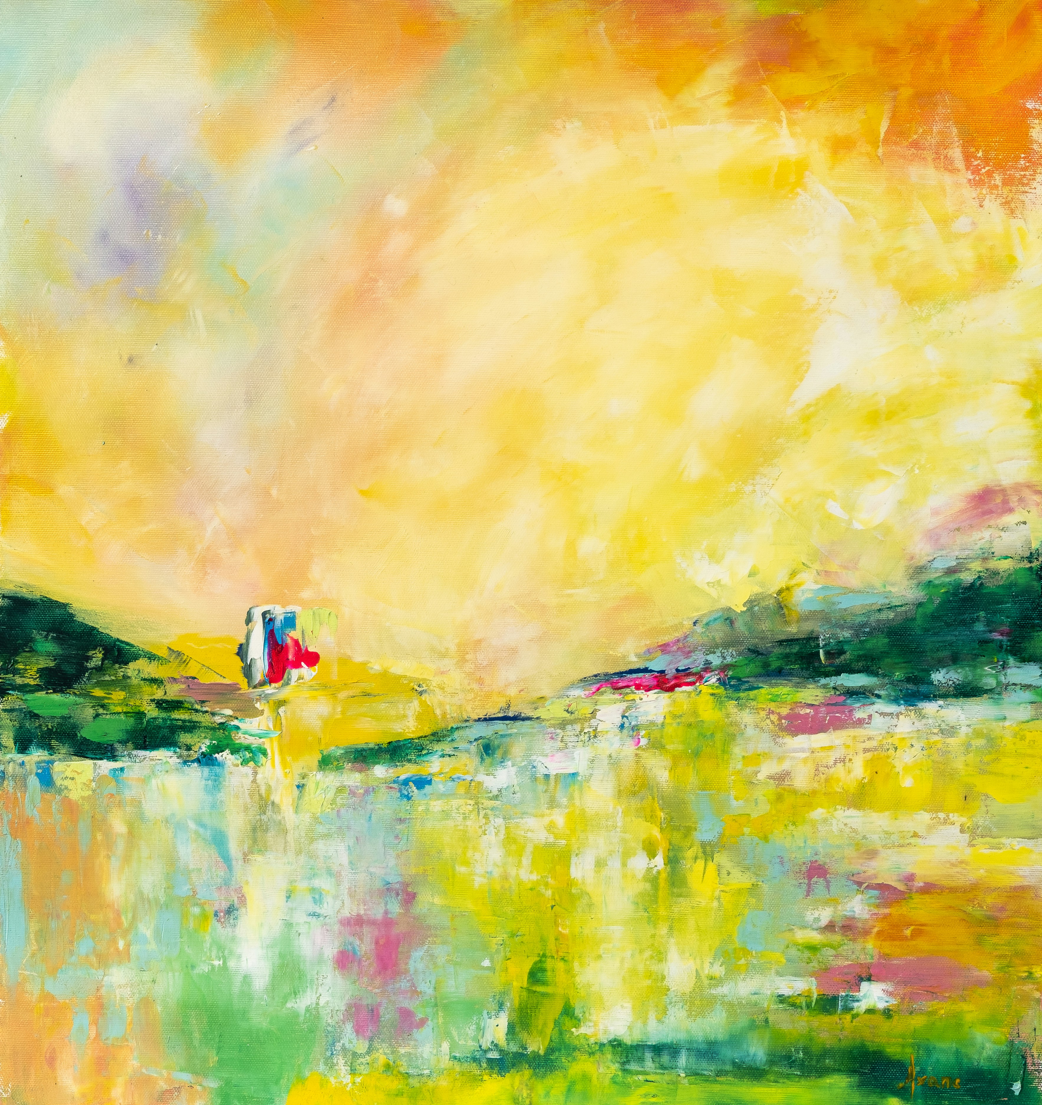 Lush digital painting with warm amber and green tones, impressionist style