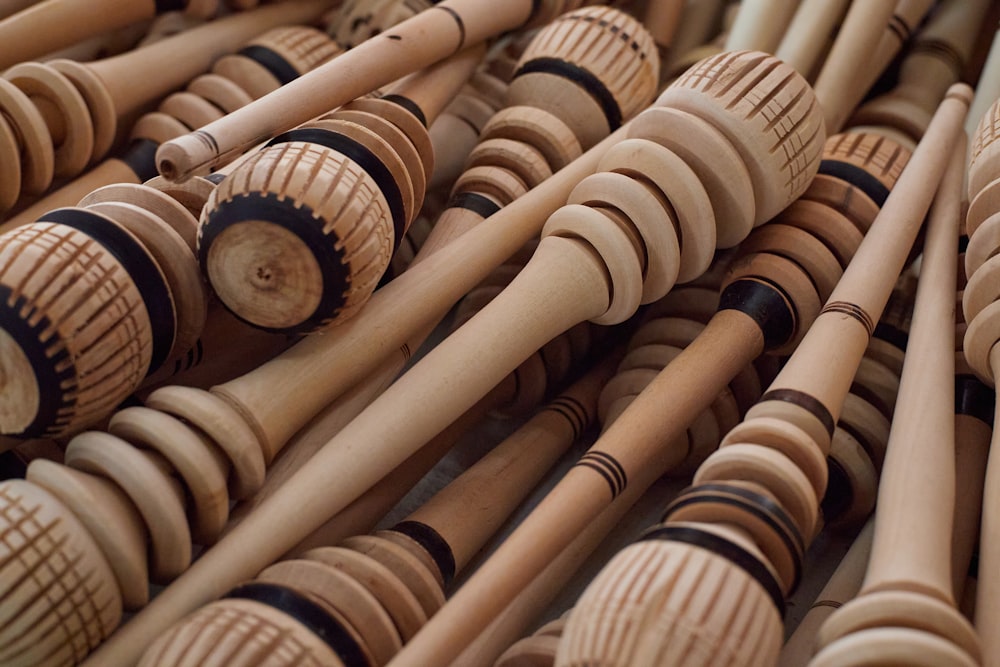 a close up of a bunch of wooden objects