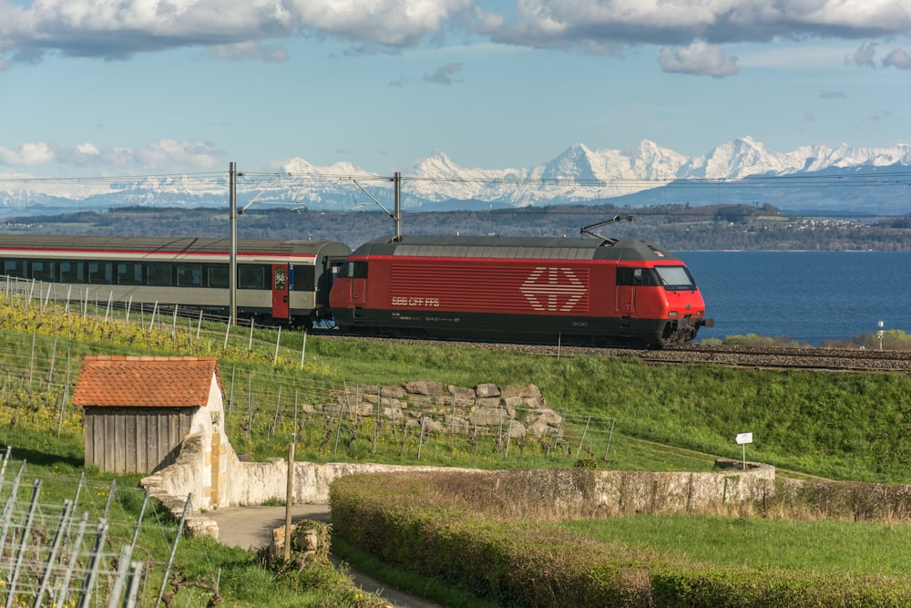 a red train traveling down tracks next to a lush green field