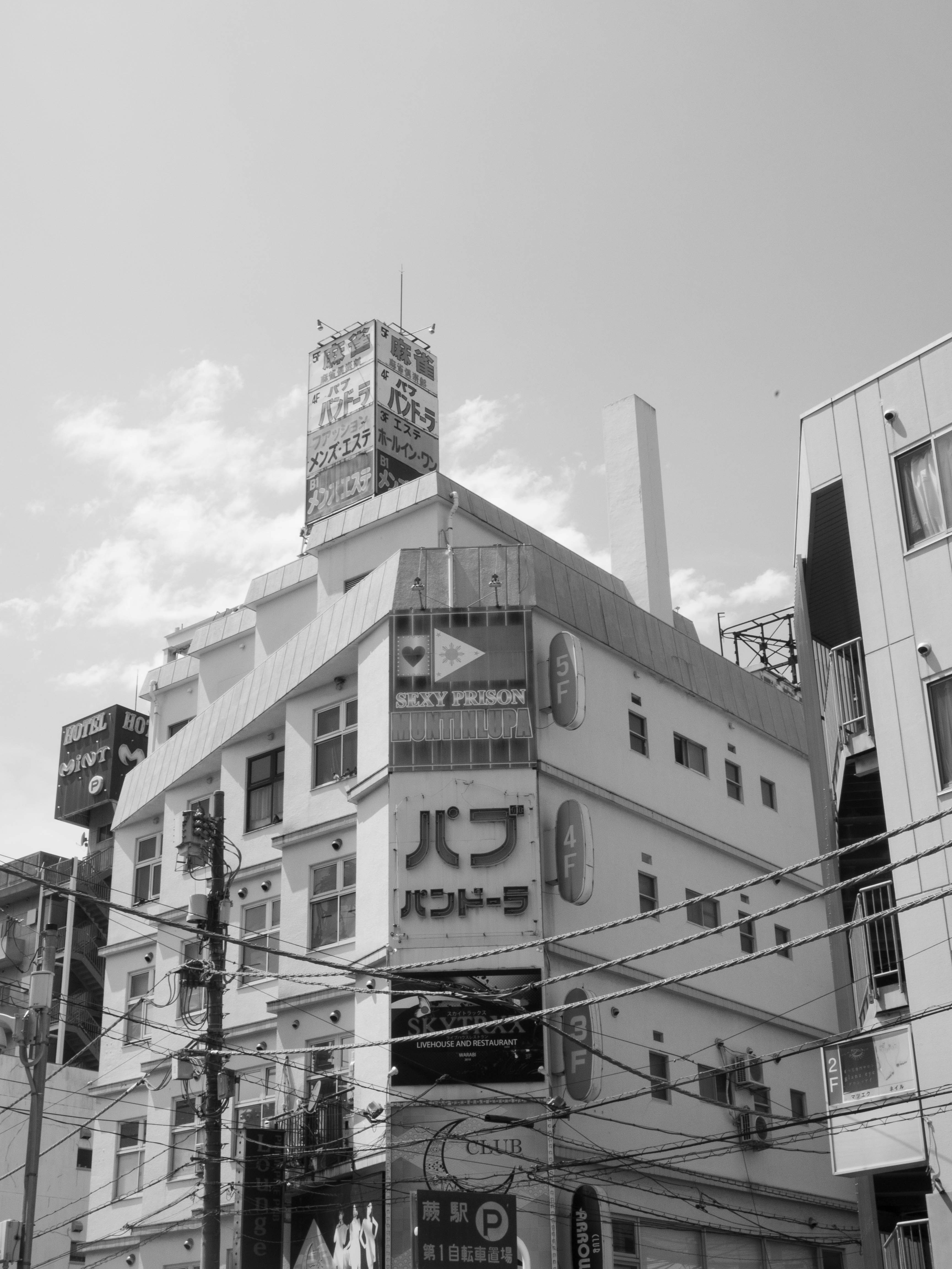 uma foto em preto e branco de um grande edifício