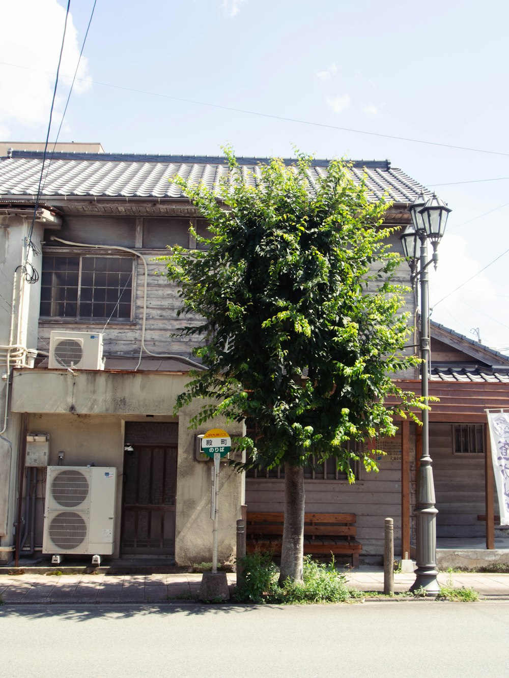 Un edificio antiguo con un árbol frente a él