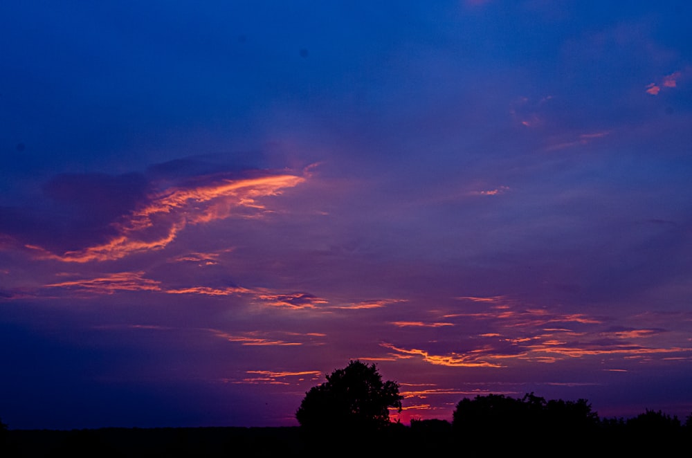 the sun is setting over a field with trees