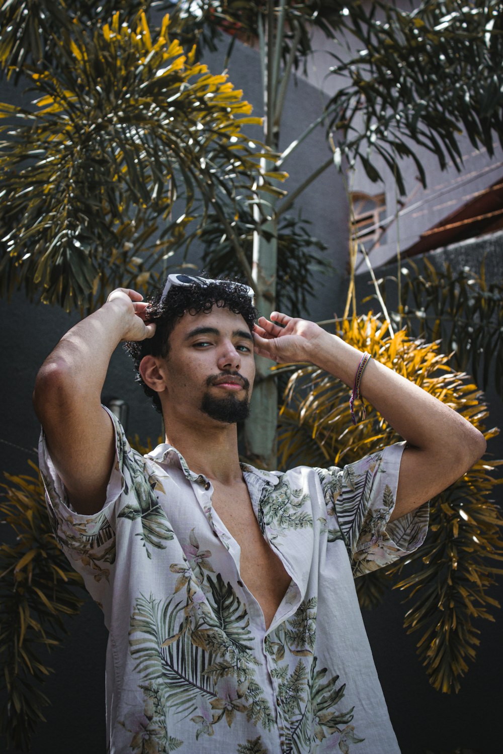 a man standing in front of a palm tree