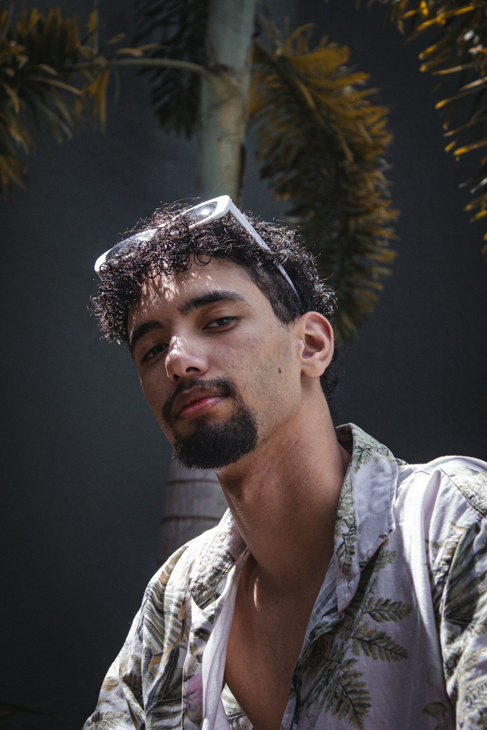 un homme avec une barbe et une chemise à fleurs