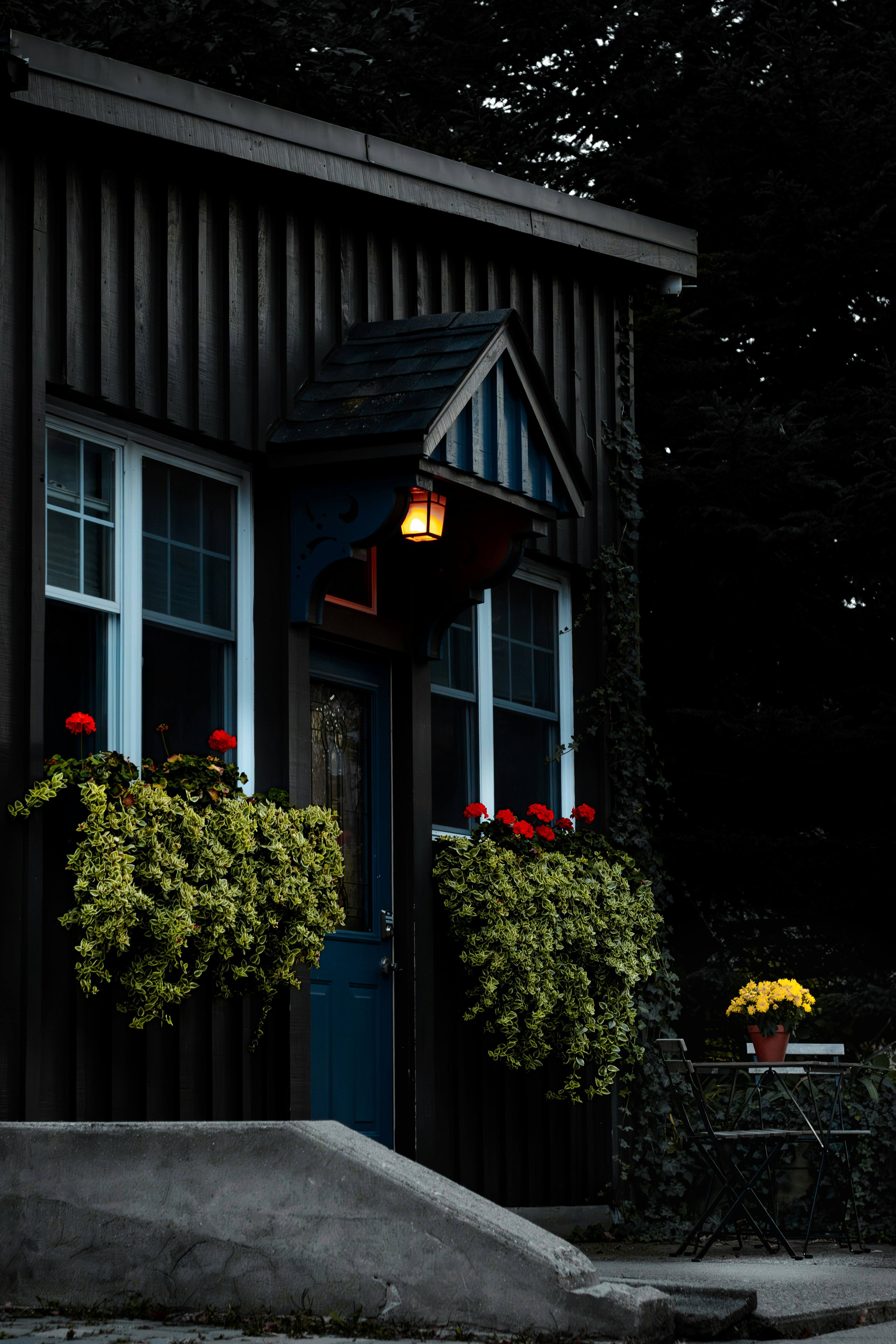 a small house with flowers in the window boxes