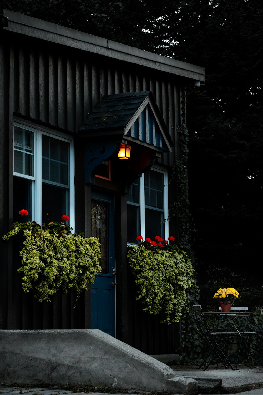 a small house with flowers in the window boxes