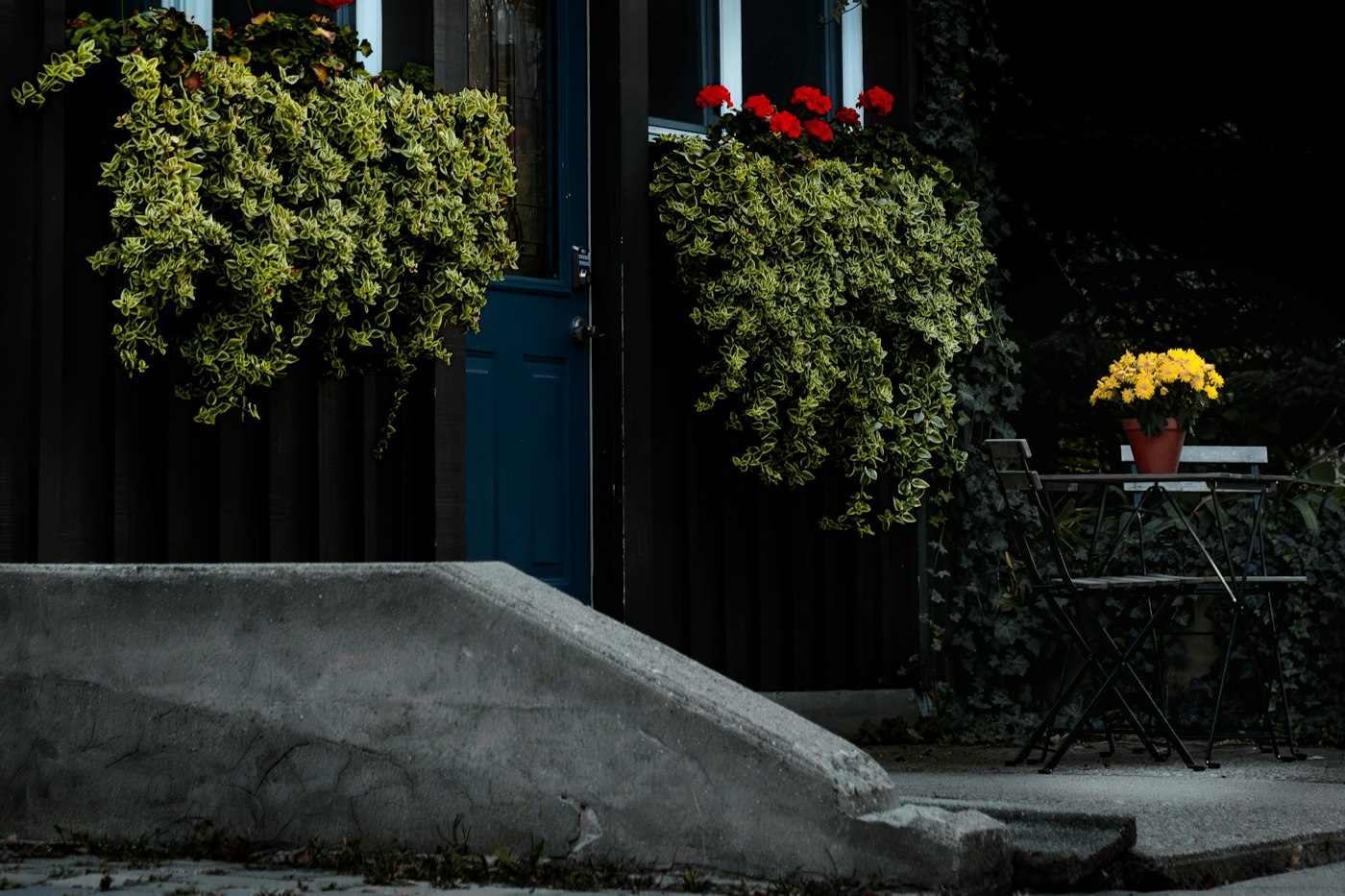 House front with hanging planters and flowers