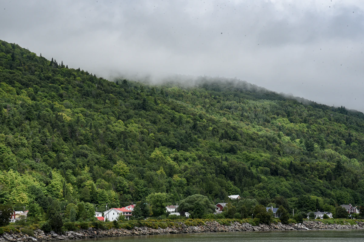Houses along the St. Lawrence shore at Petite-Rivière-Saint-François under a steep, forested slope