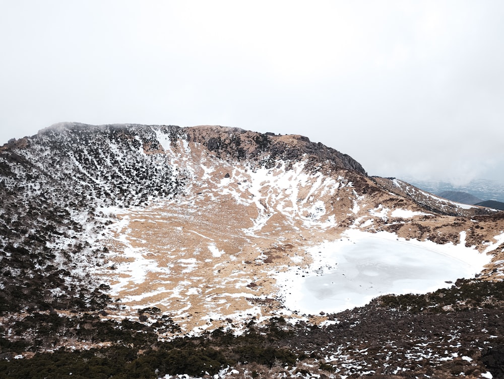 a snow covered mountain with a lake in the middle